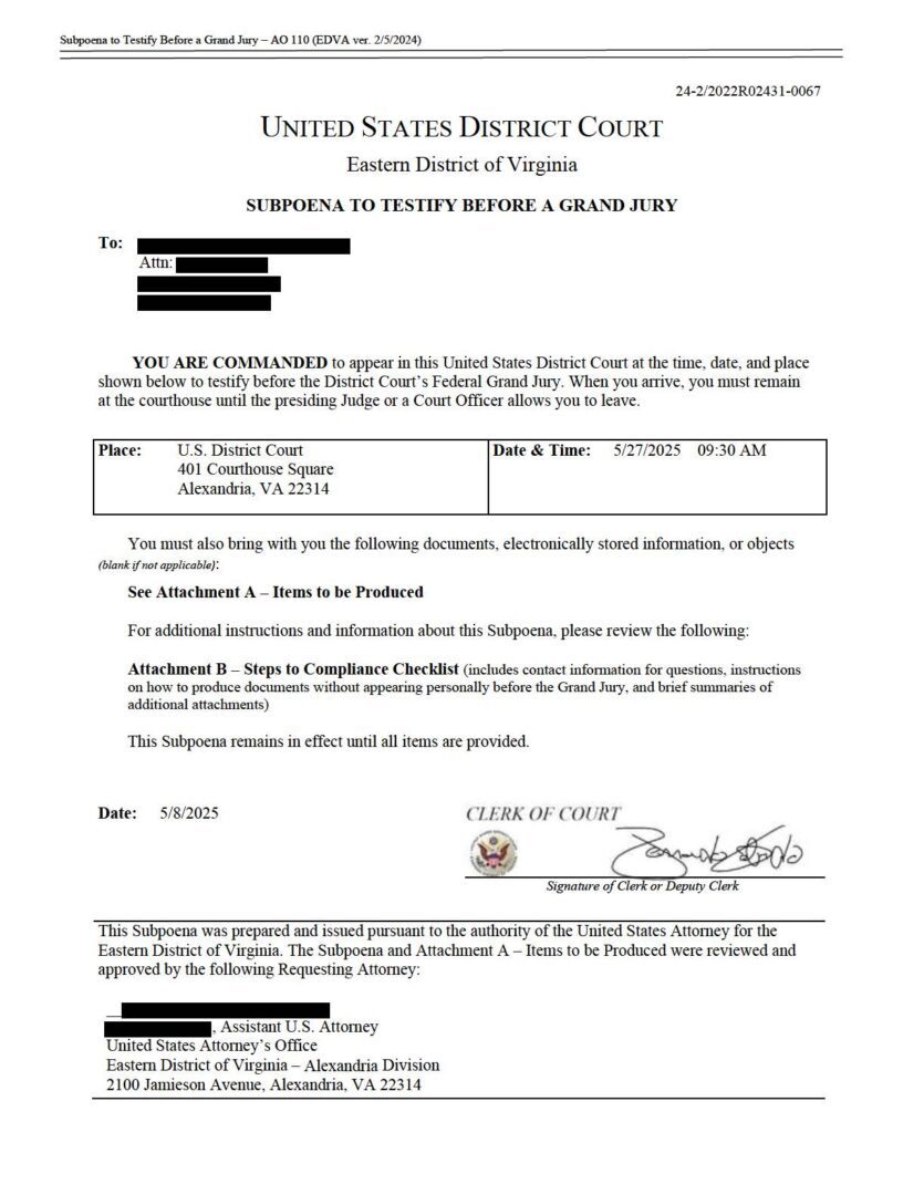 Grand jury subpoena coversheet - federal criminal defense
